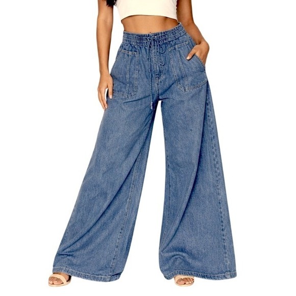 Fashion Nova Pants - Fashion Nova Extra Flared Wide Leg Pants Women XL Blue Lyocell Denim Drawstring
